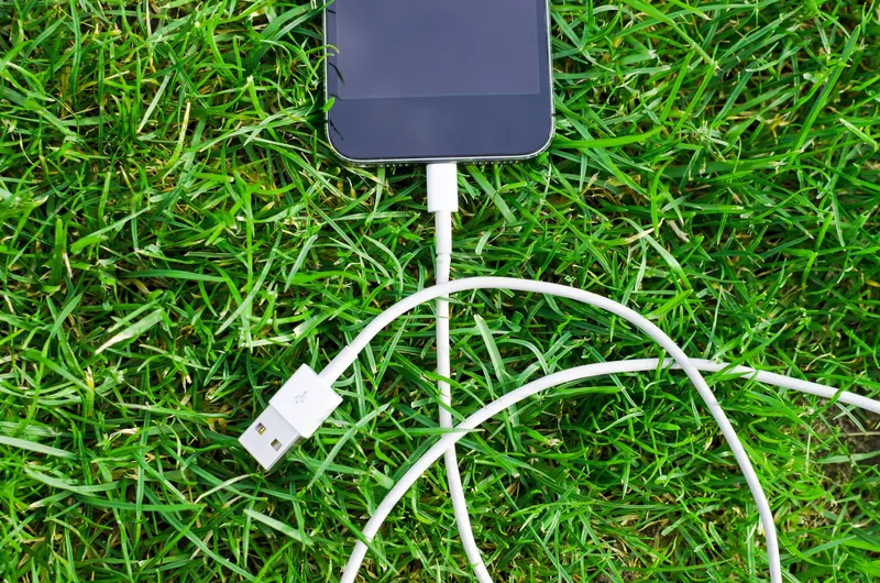 A smartphone connected to a USB cable lies on vibrant green grass, symbolizing connectivity and technology in nature